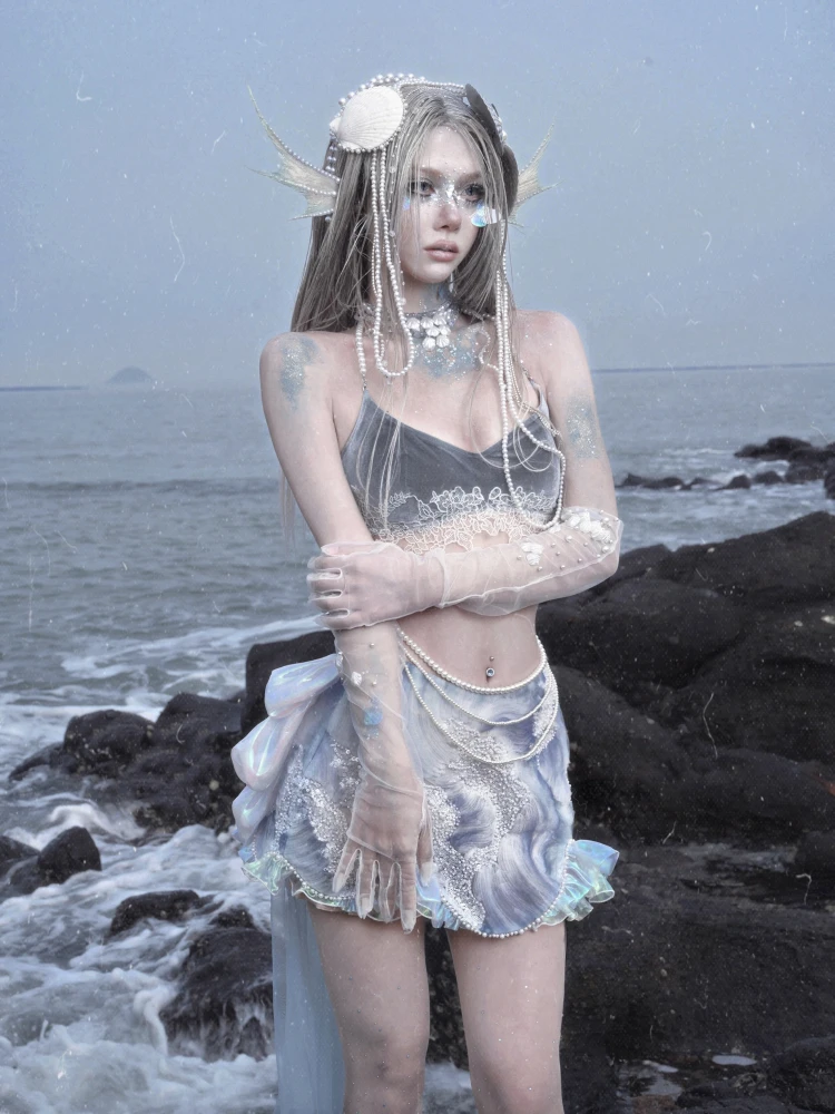 Sous-culture originale industrie lourde chaîne de perles Super-courte haut sexy Style Punk douce fille Cosplay Camis perle traînant jupe costume