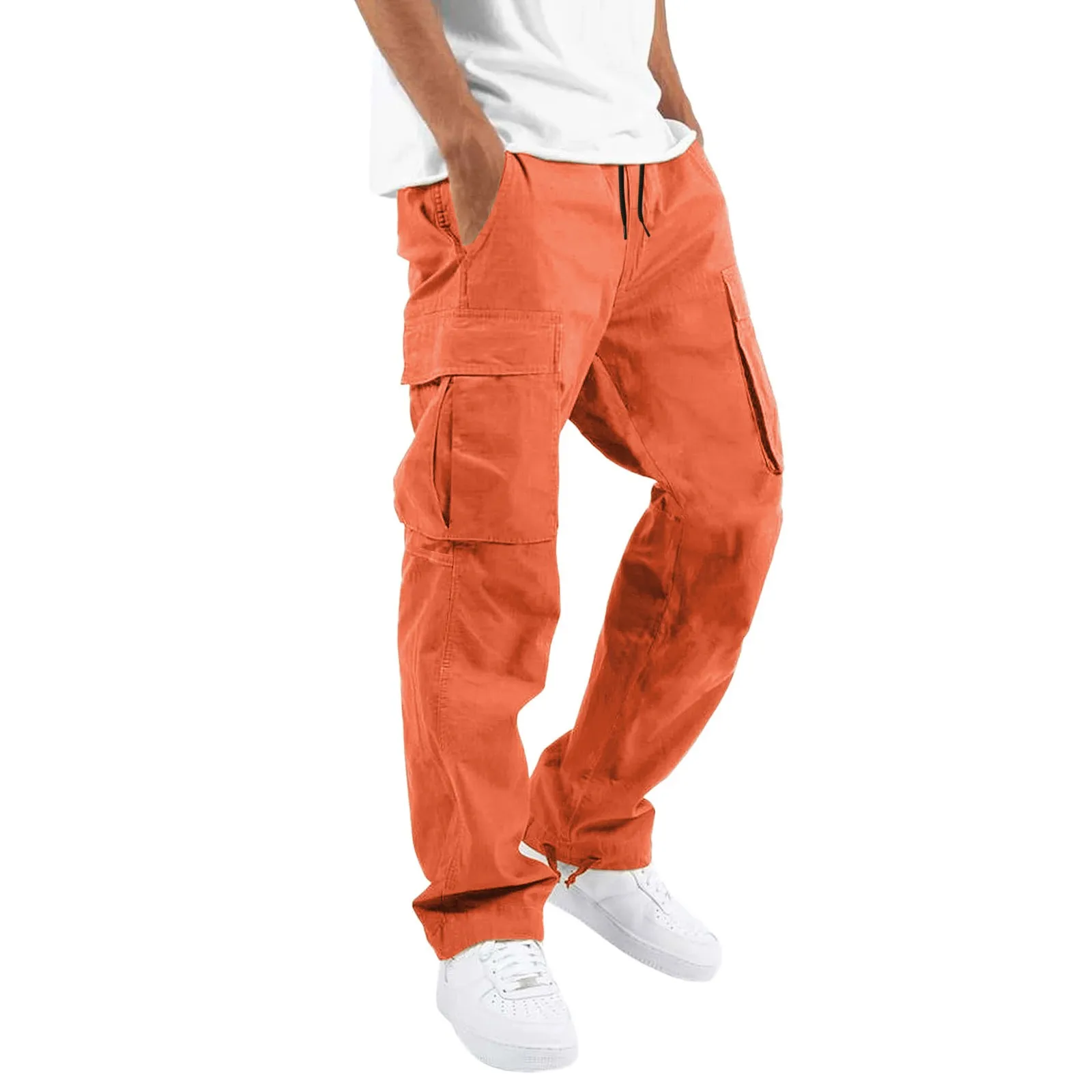 

Men's Fashion Casual Pants With Pockets Drawstring Elastic Waist Solid Color Multiple Pockets Loose Sports Cargo Pants