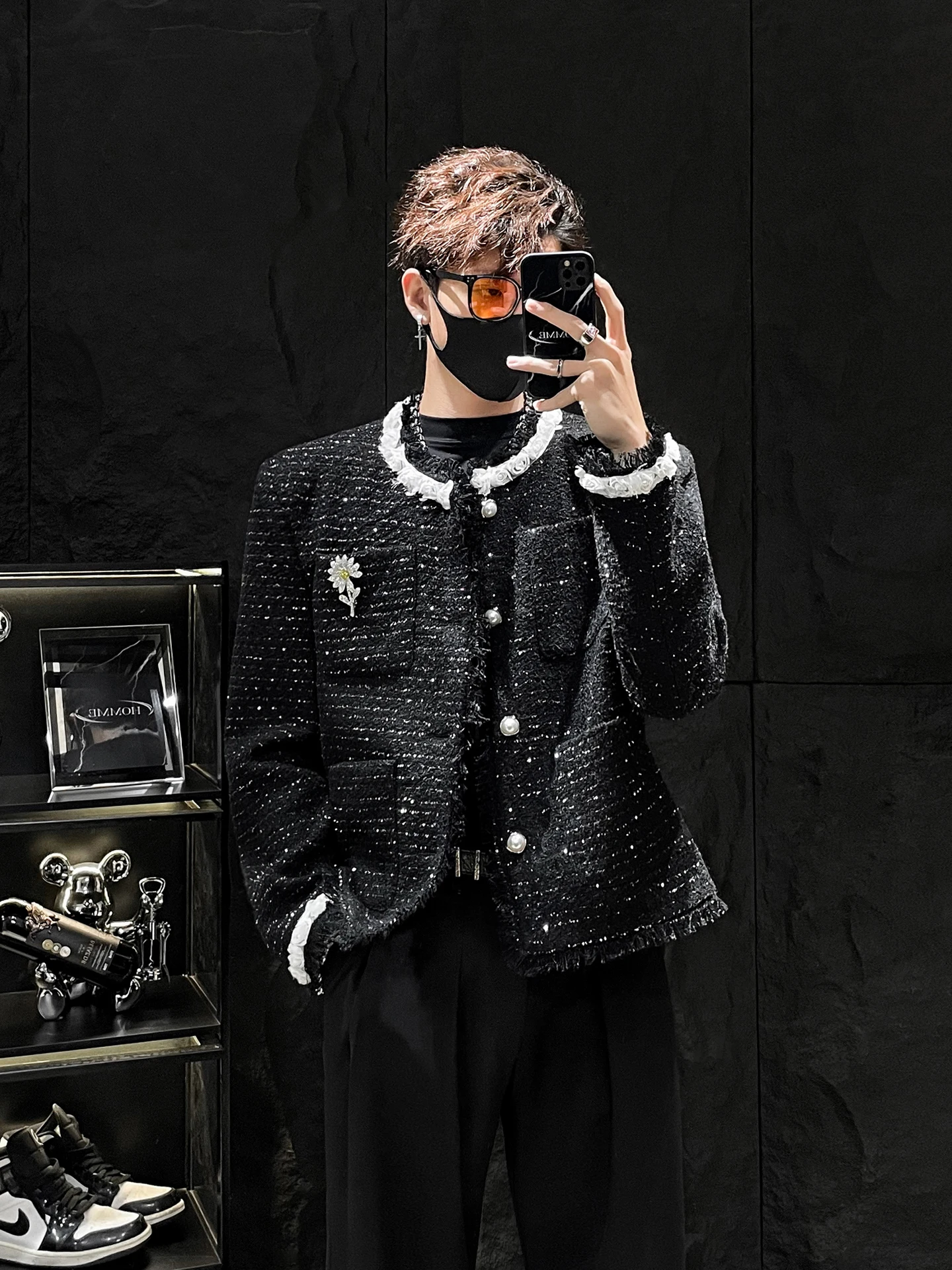 

Корейская мужская одежда Jaet Luxury Feeling с твидовой бахромой, маленькая Fraance Sle, яркая лоскутная верхняя одежда с цветочным принтом