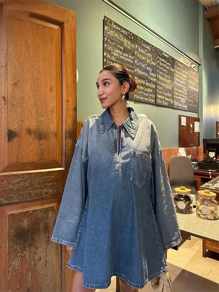 ZABA Women\'s Denim Dresses Lapel Zip Mini Long Sleeve Dresses Fashion Casual Loose Patch Pocket Party Commuter Denim Dresses