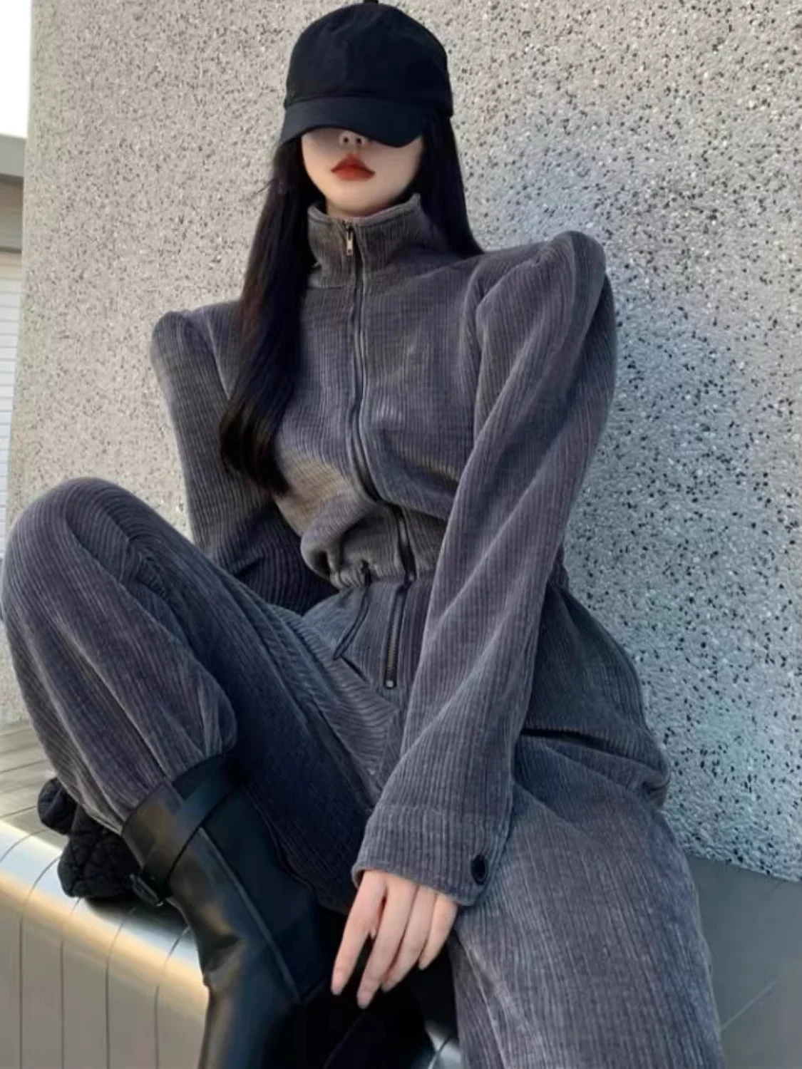 패셔너블한 테니드 페이스 라이닝 코듀로이 캐주얼 스포츠웨어 세트 여성용 가을 겨울 로우 웨이스트 롱 팬츠 다이아몬드 장식...