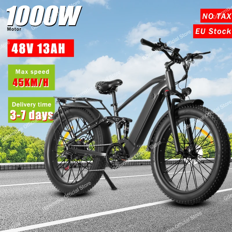 E Bike 1000W Motor 48V13Ah Mountain Bike Full Suspension Electric Bike 26*4.0 Inch Fat Tire Bike All-terrain Electric Bicycle