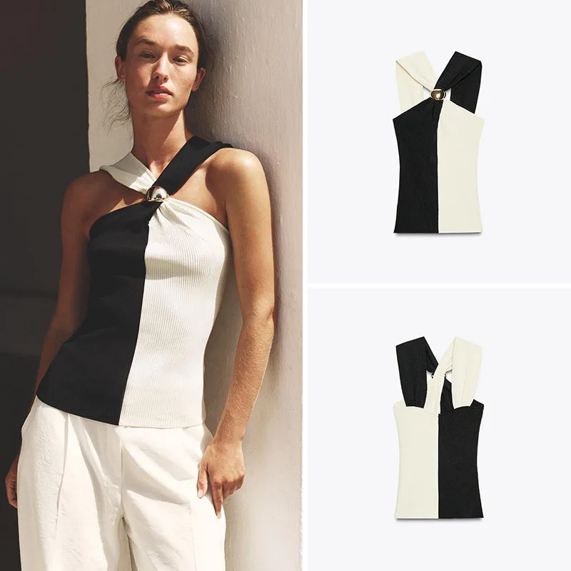 New Autumn Women's Knitted Halter Neck Top Color Block Design Fashionable Outerwear Single Piece Regular Length Overhead