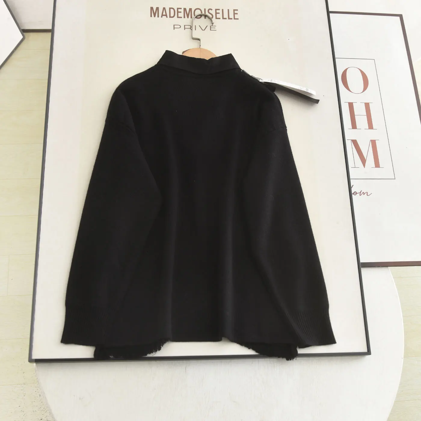 Slimming Effect  Neck Knitted Top Black Tassel Detail Fake Two-Piece Style Versatile Long Sleeve Winter New Arrival for W...