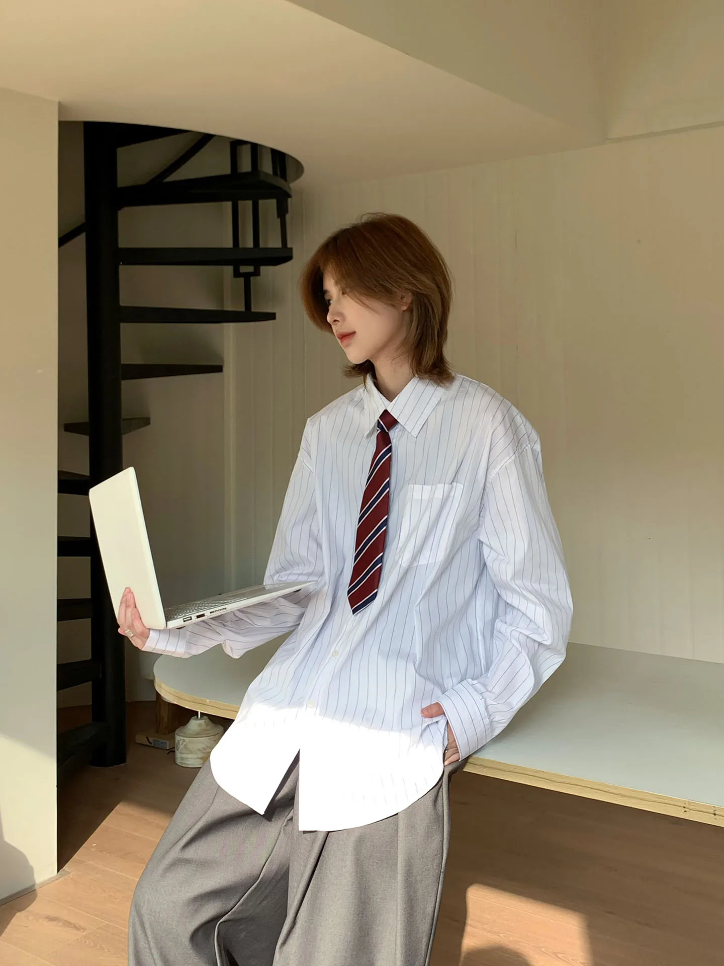 

Versatile Pure Cotton Striped Shirt Men's Women's Ja1 Never Stays up Late Japanese Style College Boy Feel Casual Shirt