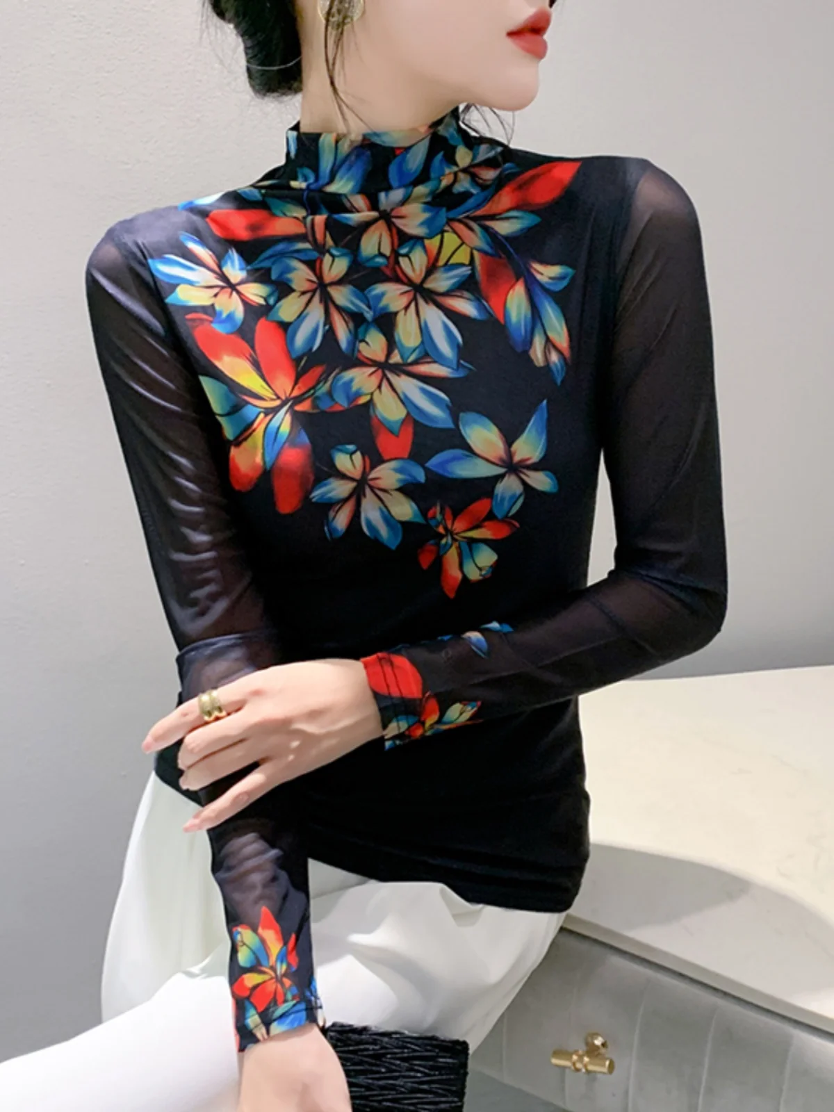 Half Turtleneck Base Top Women Autumn Winter Slim Printed Floral Mesh T-shirts Female Full Sleeve Tees FF0857