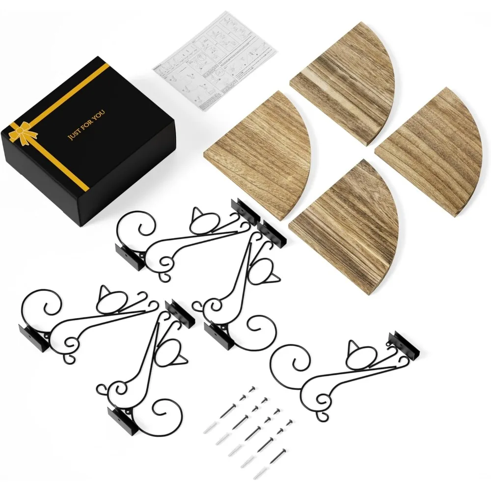 4-Tier Cat-Shaped Floating Corner Shelves, Rustic Wood Storage for Home Decor, Easy Install