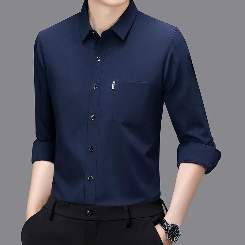 Camisa masculina de chiffon de manga comprida de alta qualidade com bolso cor sólida nova camisa versátil na primavera outono