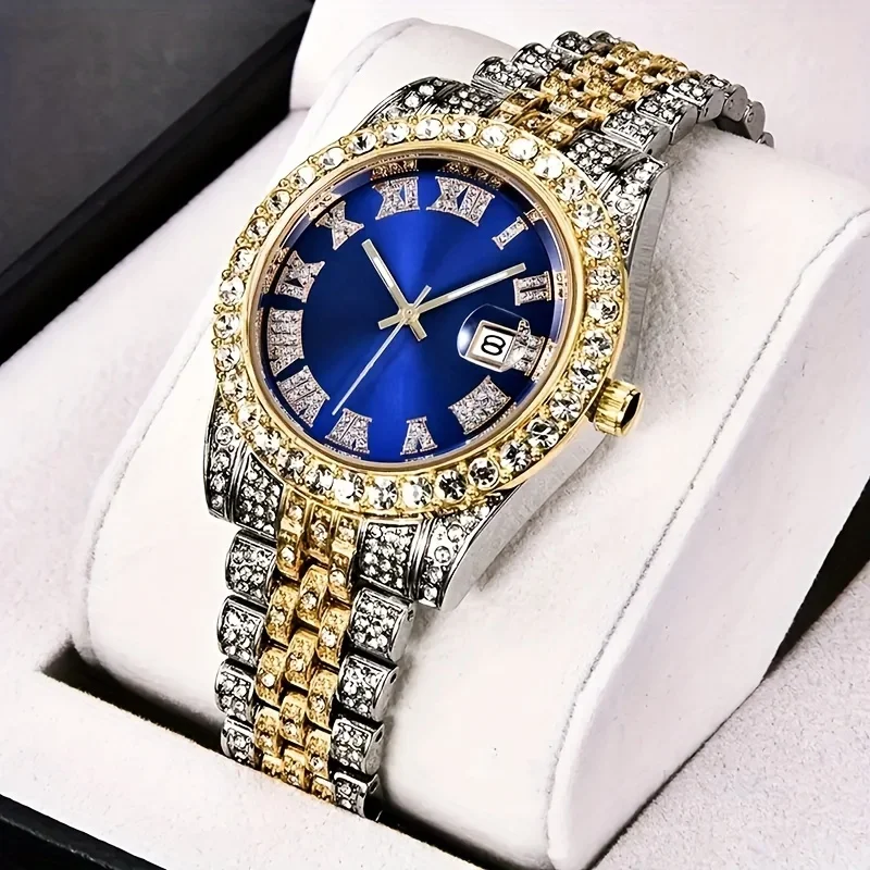 Mens Hip Hop Watch VintagInspired Retro Quartz Timepiece with Oversized Rhinestone Dial and Durable Stainless Steel Band for Men