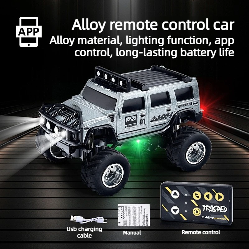

Миниатюрная радиоуправляемая внедорожная машинка 1/64, металлический корпус, двойное управление, полный привод, 2,4 ГГц, высокая скорость, перезаряжаемая, со светодиодной подсветкой, настольная гоночная игрушка для детей и взрослых