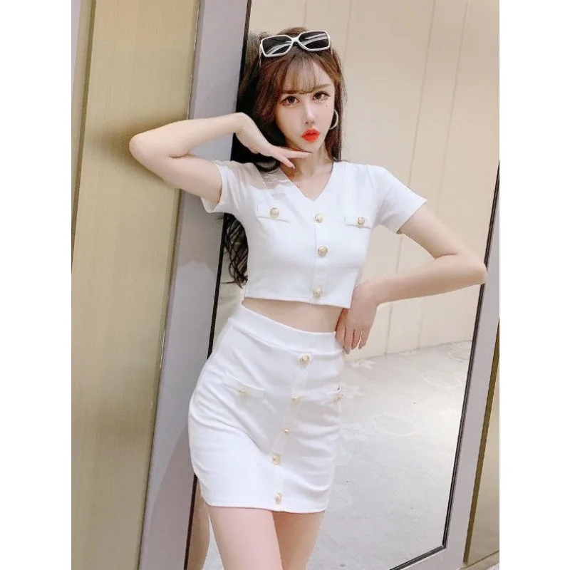 

Two Piece Sets Womens Skirt Sets Y2k Crop Top Mini Skirt White Black Button Streetwear Vestido Festival Outfit Chic Design Suits