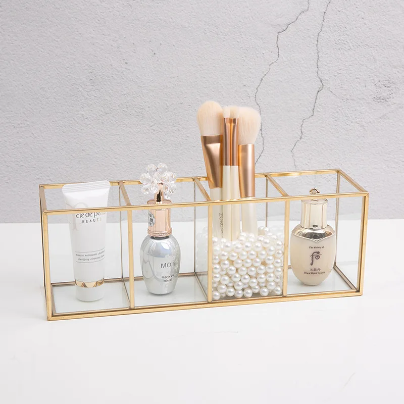 

Glass Makeup Brush Transparent Storage Box Gold Cosmetics Container Ring Pencil Lipstick Holder Make Up Brushes Organizer