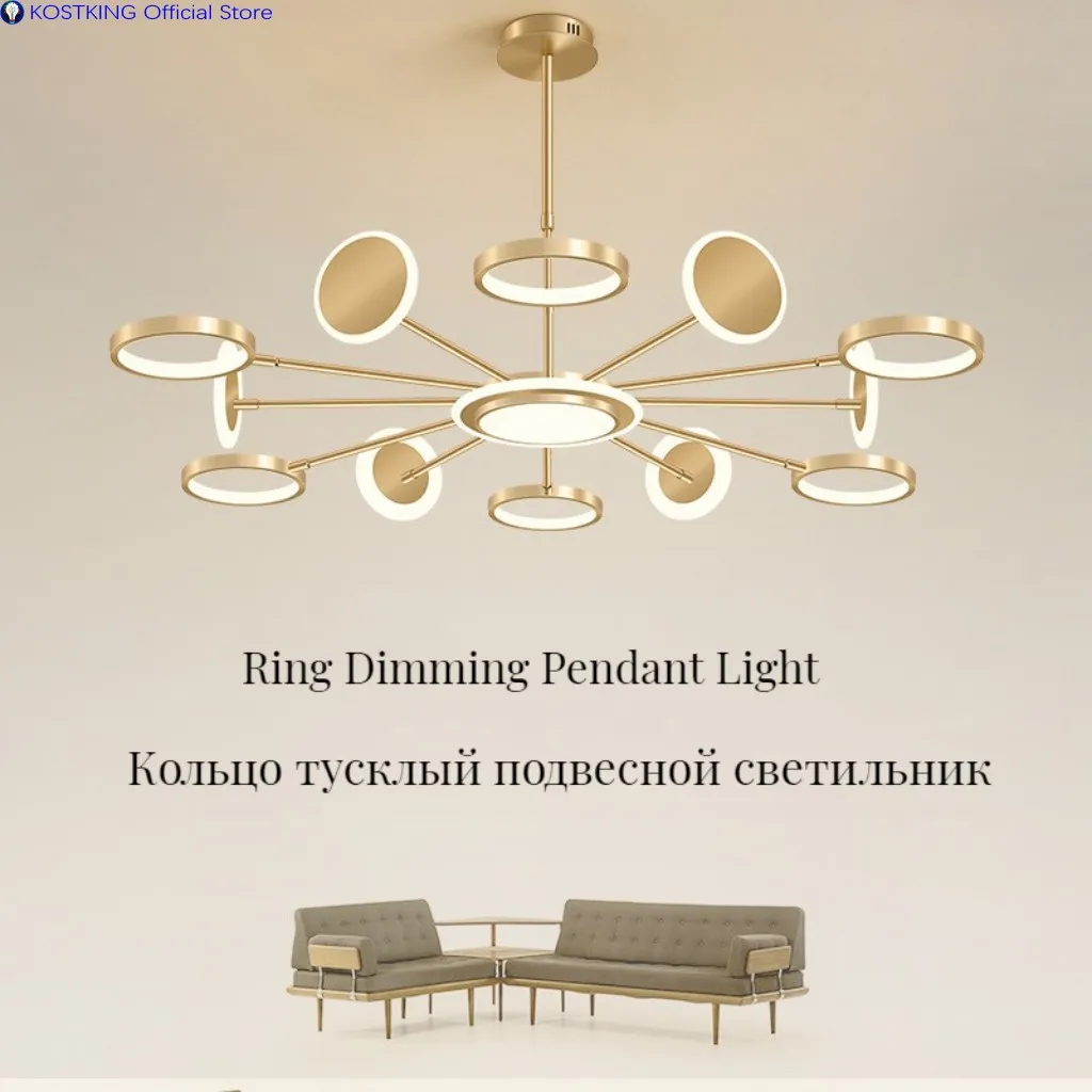 Modern Gold Led Ring Pendant Light For Living Room Simple Round Dimming Chandelier Hanging Lamp Lighting Fixture Bedroom Decor