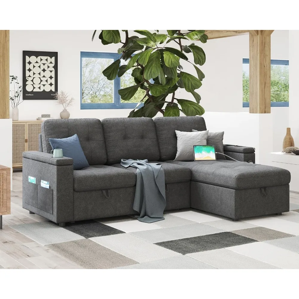 

Sofa Bed 84 Inch Sleeper Tufted Pull Out with 2 USB Ports & Cup Holders, L Shape Sectional Storage Chaise Grey Sofa Bed