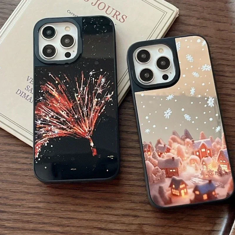 Mirror Surface Snowflake Fireworks Phone Case Cover for IPhone 11 12 13 14 15 Pro Max Case for IPhone 15 Pro Max