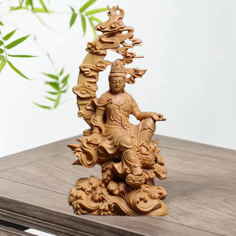 Natural Cypress Water Moon Guanyin Statue  Chinese Buddha StatuesHand-carved Home Room Office Feng Shui Figure Decoration Statue