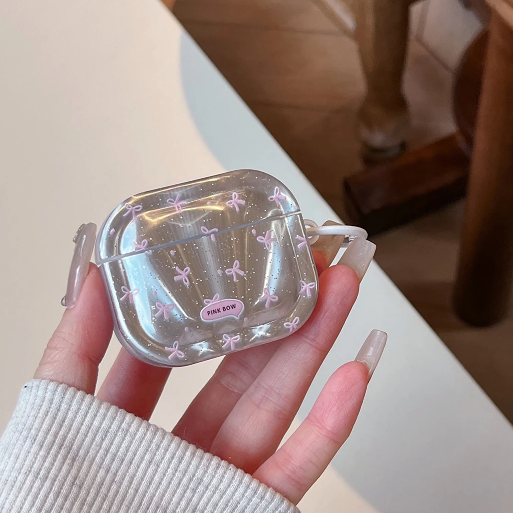 Fashion Aesthetic Glitter Pink Bow Silver-plated Glossy Surface Earphone Protect Cover Case for AirPods 3 4 5 Pro Pro2 Pro3