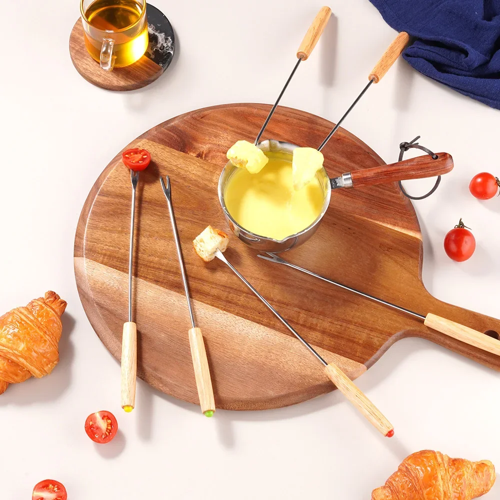 

6/12/18Pcs Fondue Forks Stainless Steel Wood Handle Fork Heat Resistant Hot Pot Fruit Dessert Fork Fondue Skewer Kitchen Tool
