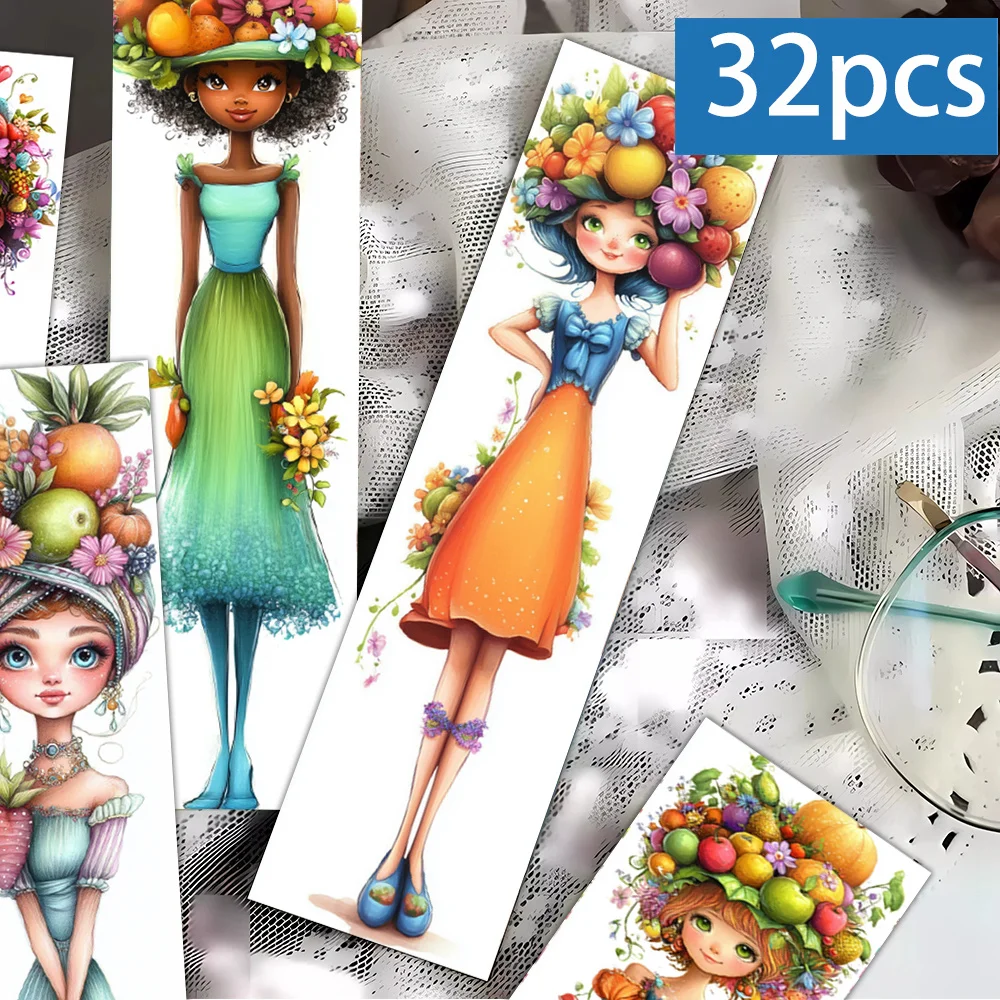 32pcs, Healing Fruit Girl Bookmarks, Pastoral Fruit Girl Bookmarks—stylish reading accessories for book lovers and avid readers