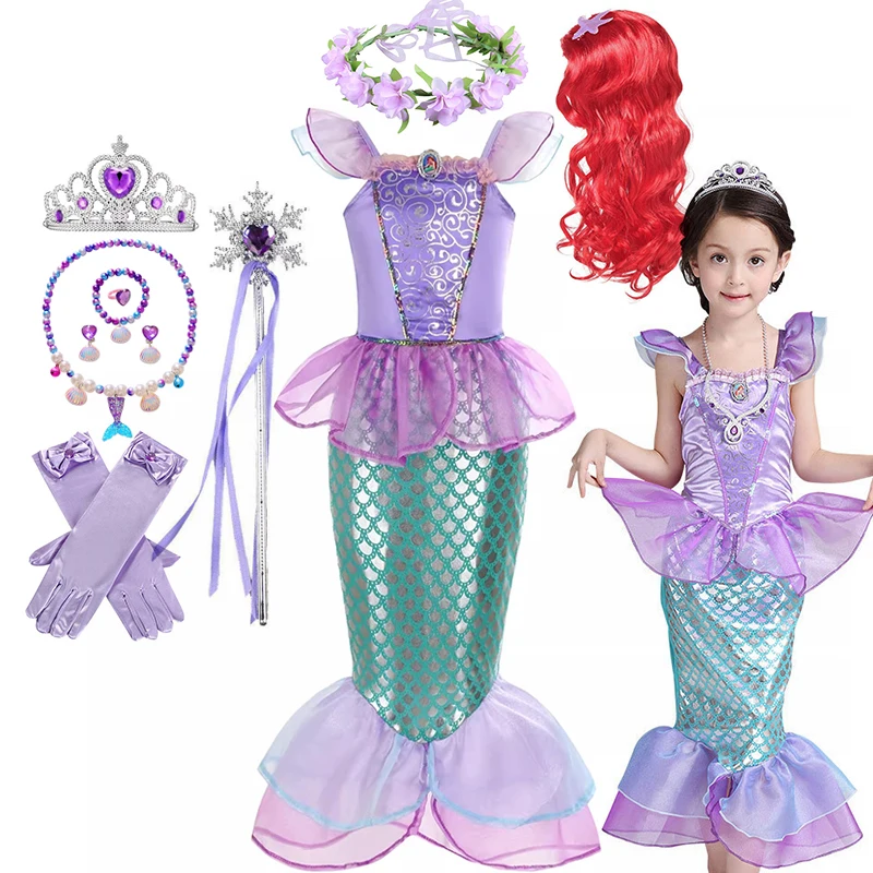 Pequena sereia ariel vestido de princesa para menina cosplay sereia traje de festa princesa fantasia vestidos crianças roupas de carnaval