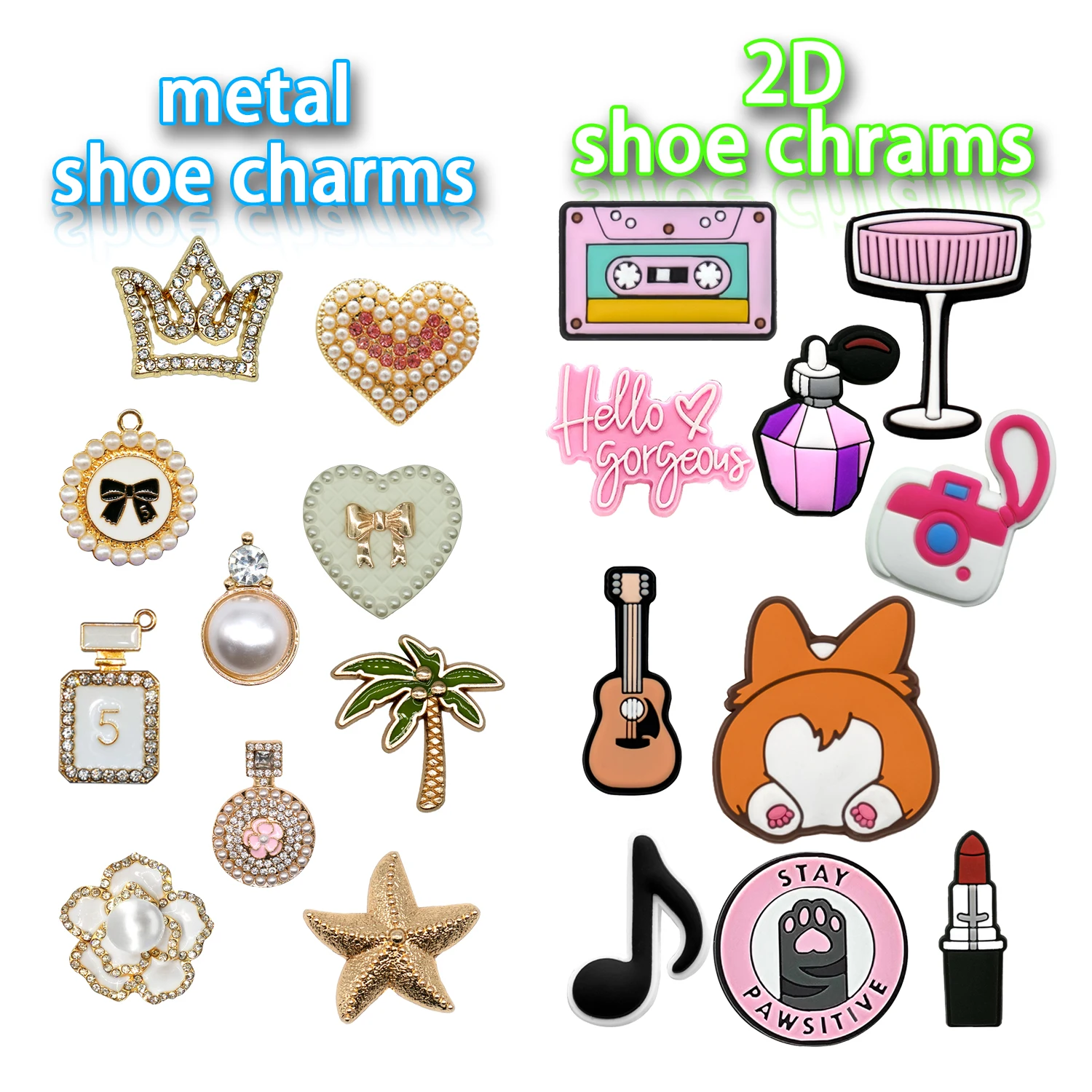 10 Stück Bling + 10 Stück 2D Parfüm-Kronen-Herz Metall-Schuh-Charms Lippenstift Kamera Schuh-Dekorationszubehör Clog für Kinder Geschenk – Detail 2