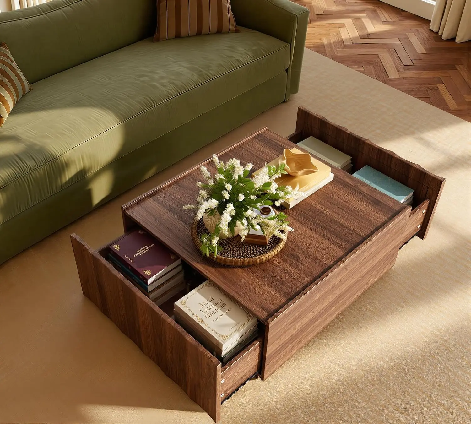 Square Coffee Table with Storage, Wave Design, Walnut, Customized