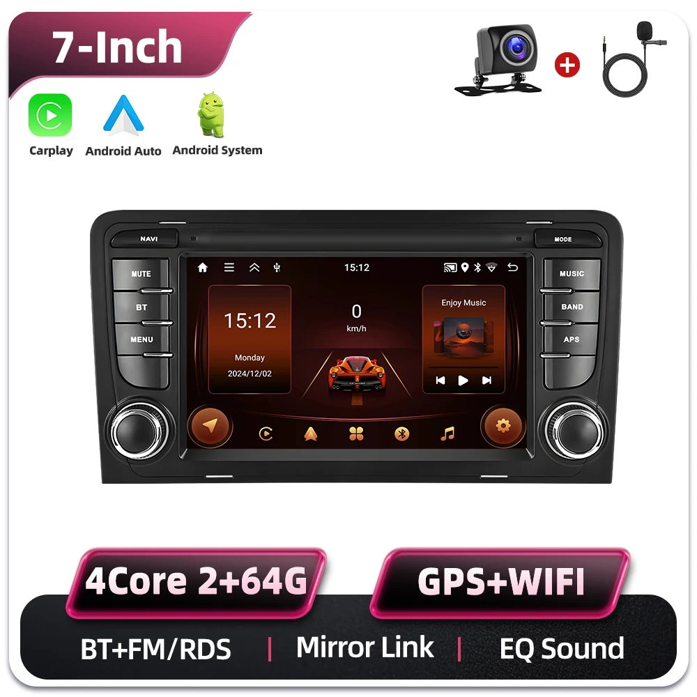 Podofo 7 Zoll 2 Din Autoradio Multimedia-Player für Audi A3 8P/A3 8P1 3-Türer Schrägheck/S3 8P/RS3 Sportback 6+128G HD Kapazitiver Touchscreen Kabelloses Carplay Android Auto Mirror Link