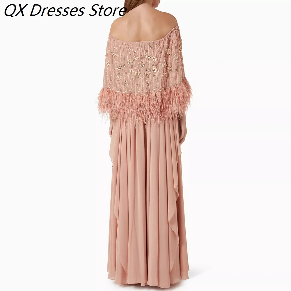 Women's A-line Evening Dresses Floor-length Off The Shoulder Sleeveless Prom Dresses Fashion Flowers Feathers Customized Gowns
