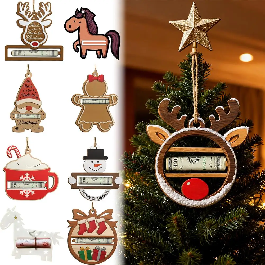 هدية مشبك نقود خشبي مصنوع يدويًا، موزع مشبك حامل نقود عيد الميلاد للنقود مع سحر شجرة مباركة، زخرفة محفظة سانتا