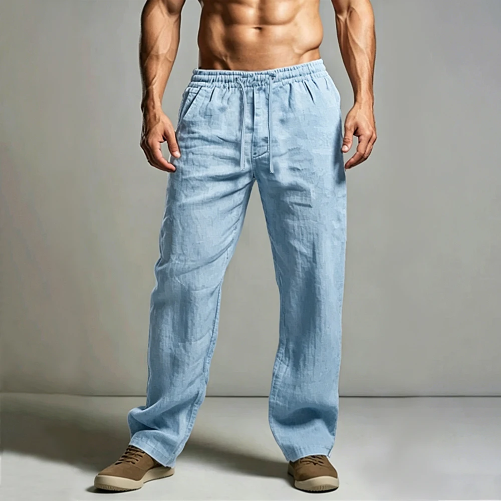 Men's Cotton Linen Casual Pants Solid Color Breathable Lightweight Elastic Waist Casual Basic Dailywear Male Classic Long Pants