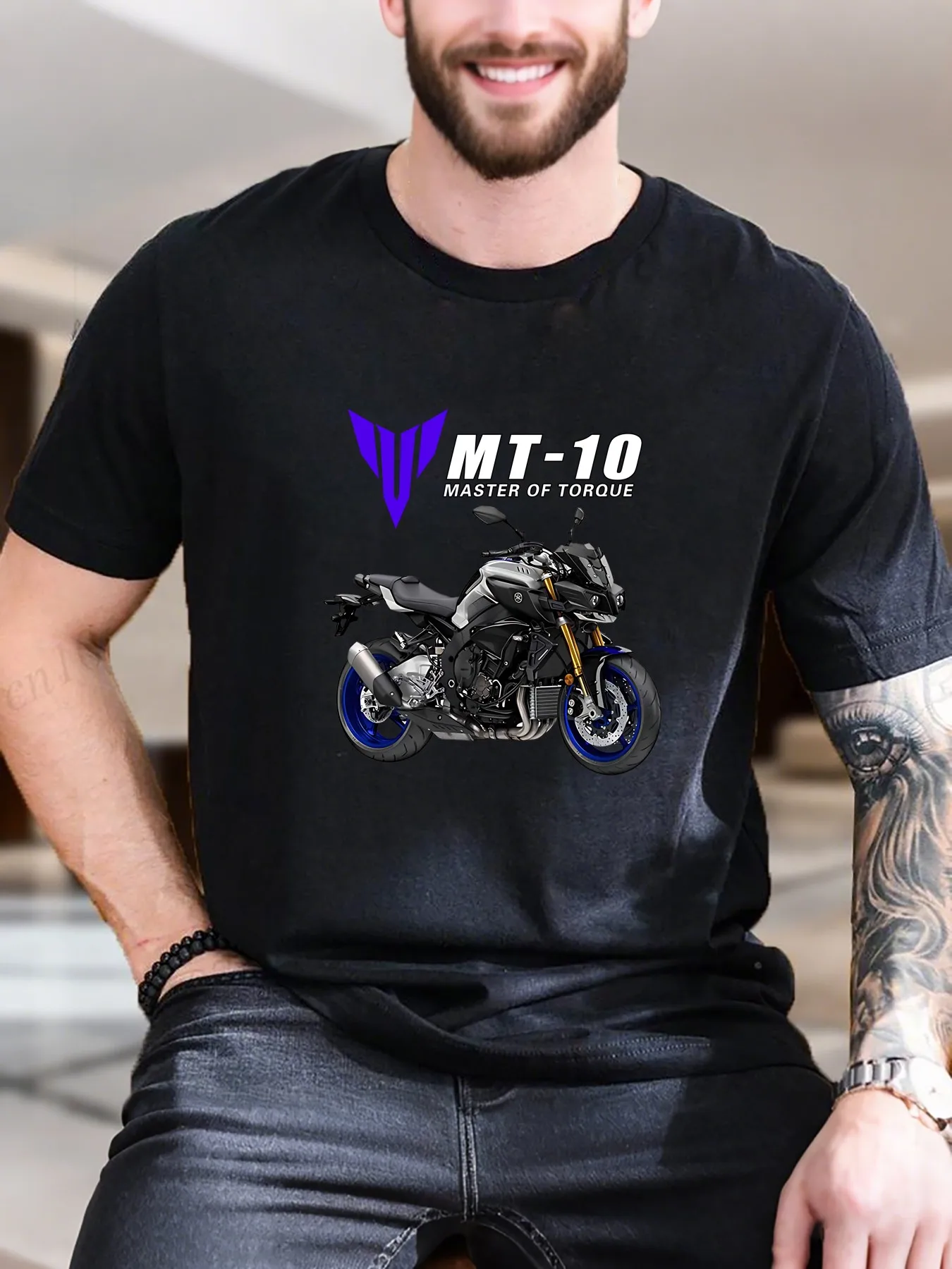 

Men's Printed Short Sleeve T-Shirt - Motorcycle Blue Rim White Background Trendy Design, 100% Cotton Breathable & Soft, Casual D