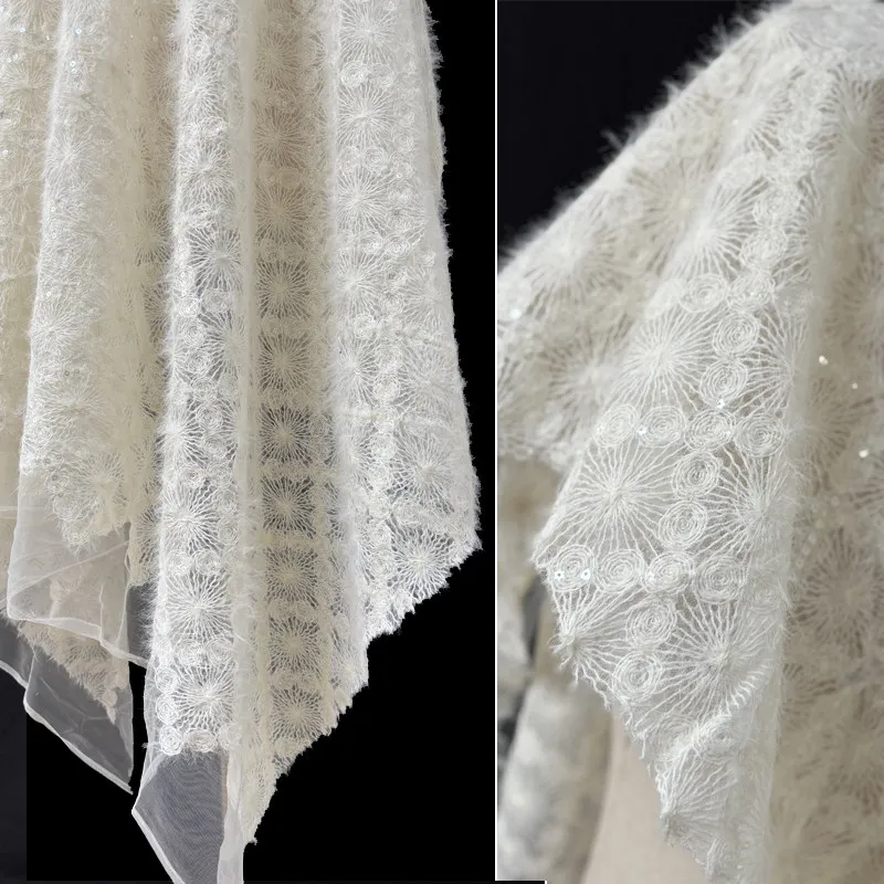 White Mohair Lace Fabric Loop Embroidery Diamond Jacquard Sheer Mesh Creative Dress DIY Material Designer Sewing Fabrics By Yard view 3