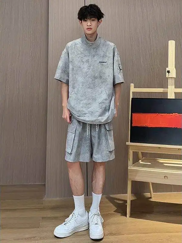 

American Retro f Zip ort Sve T-irt Set Men's Workwear orts Two Pieces Clete Ootd Outfit Summer Casual Sportswear