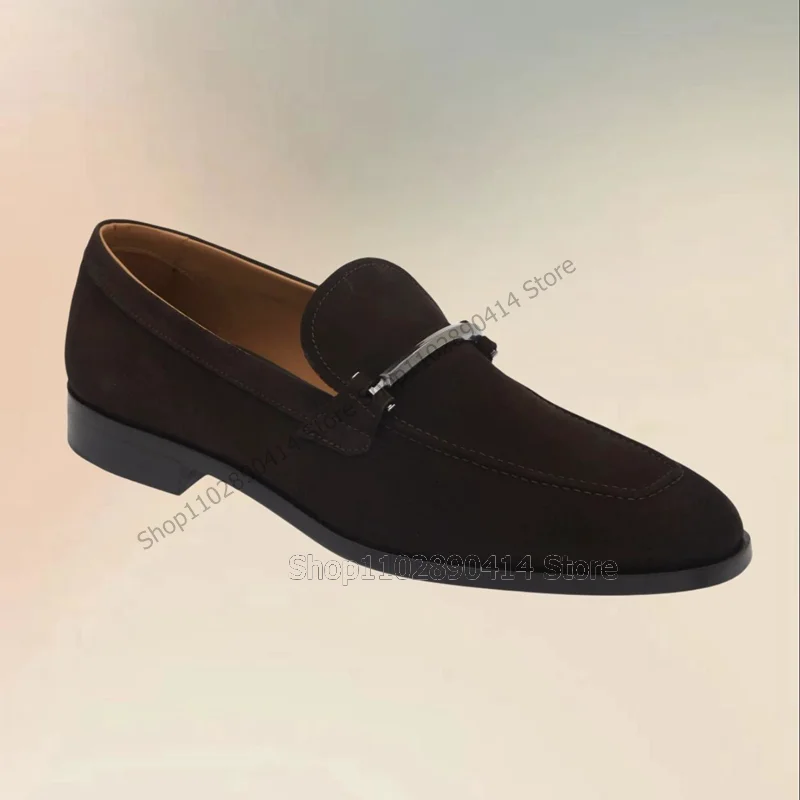 

Metal Decor Black Sewing Design Flock Loafers Fashion Slip On Men Shoes Luxury Handmade Party Banquet Office Men Casual Shoes