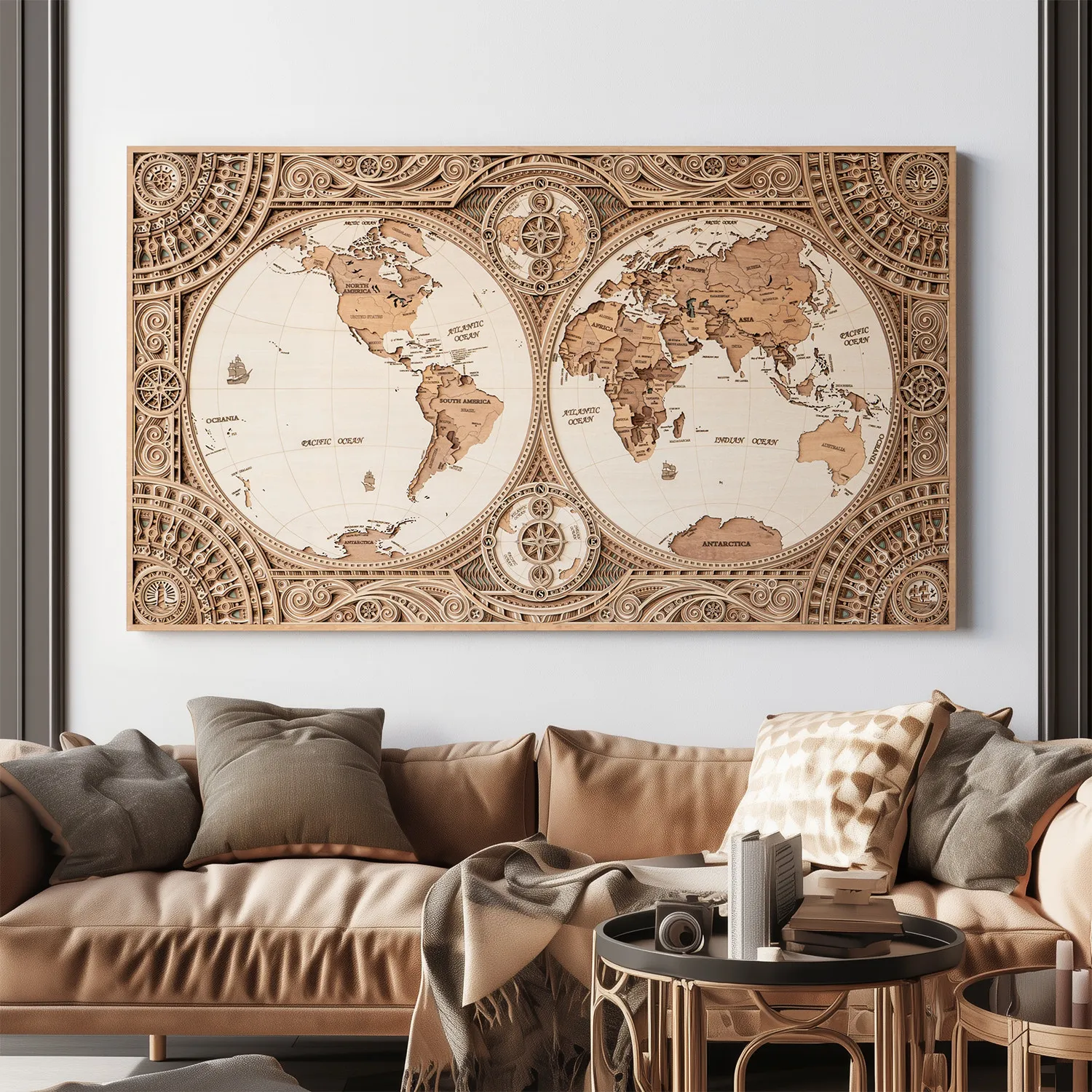 Factory Direct 2026 Ladder wood stacked solid wood world map wall decoration painting living room study background wall hanging