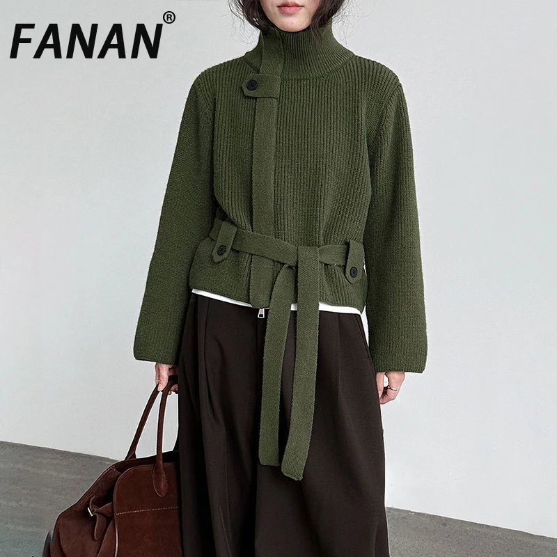 

FANAN Irregular Belt Gathered Waist Knitting Sweater For Women Turtleneck Long Sleeve Thick Warm Tops Fashion 2025 Winter New