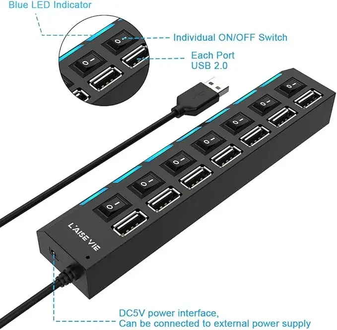 Portable Multiple USB Port Expander With Switches 4/7 Ports Super Speed 5Gbps Power Adapter For PC Multi Ports USB HUB 2.0