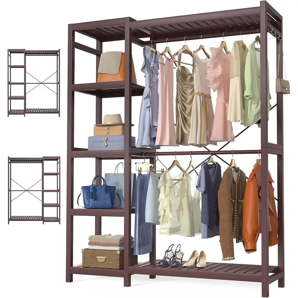 Bamboo Clothes Rack Garment Rack or Hanging Clothes, Heavy Duty Clothing Rack with 7 Tiers Adjustable Shelves, Double Rods, 4 Ho