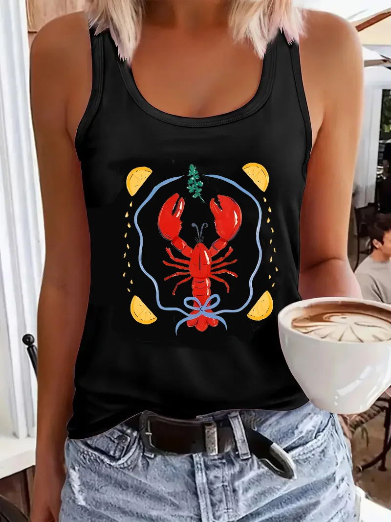 Graphic Lobster  90s  Print Vintage Vest Graphic Tank Top Women’s Sleeveless Crew Neck Casual Top Summer Spring
