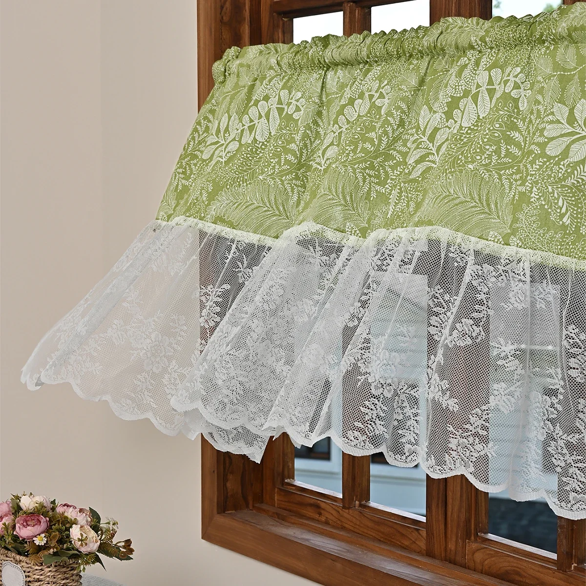 

1pc Green Leaves Short Curtain Rod Pocket, Lace Splicing Small Curtains for Kitchen, Bathroom, Living Room, Bedroom, Home Decor