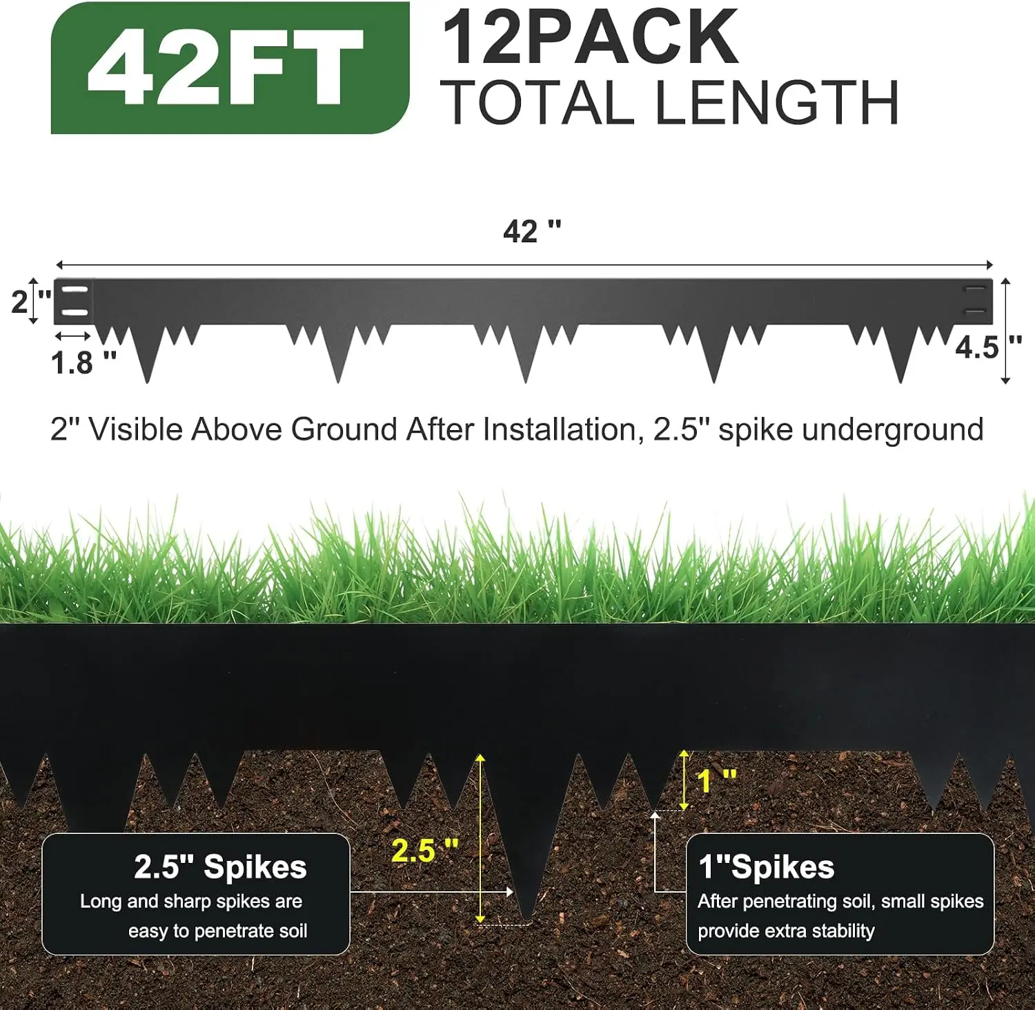 Metal Landscape Edging Border 12 Packs 42'' L x 4.5'' H, Galvanized Steel Garden Edging Border with 12 Stakes, Hammer-in Lawn Ed