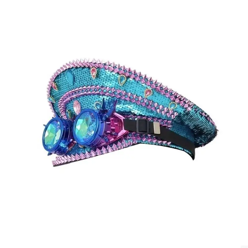 

652F Goggles Rivet Marine Hat for Casual and Formal Event Rhinestones Studded Cosplay Hat for Music Festival Roleplay Props