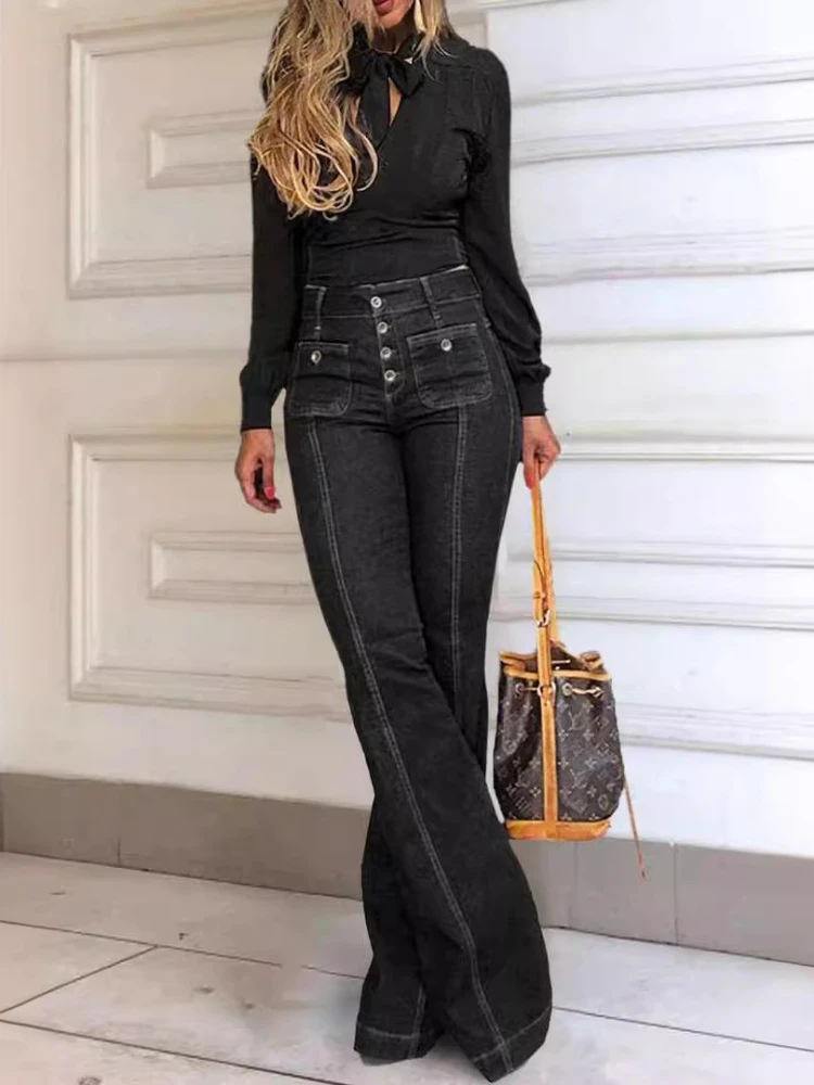 XIZOU Vintage Blue Jeans for Women Elastic Washed High Waisted Cargo Pants Streetwear y2k Black Wide Leg Jeans 2024 Fashion