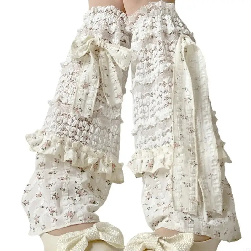 L5YC Aesthetic Elegant Layered Ruffle Lace Leg Warmers for Women Floral Pattern Leg Sleeve Covers Footless Socks with Bowknot