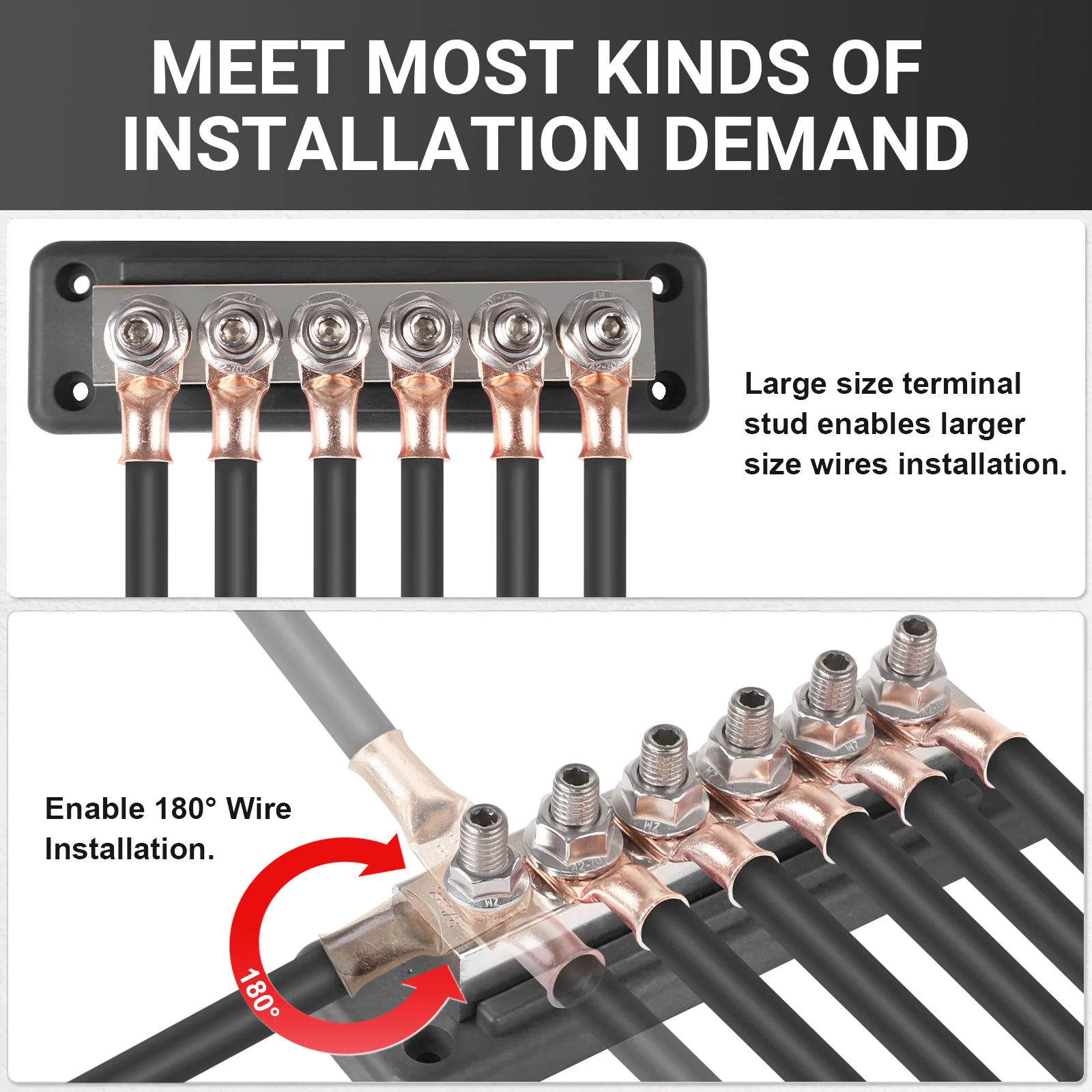 Red Black Copper Bus Bar Ground Distribution Block 12-48VDC With Cover For Caravan Truck Boat Car Camper RV 600A 6 Stud M10 3/8"