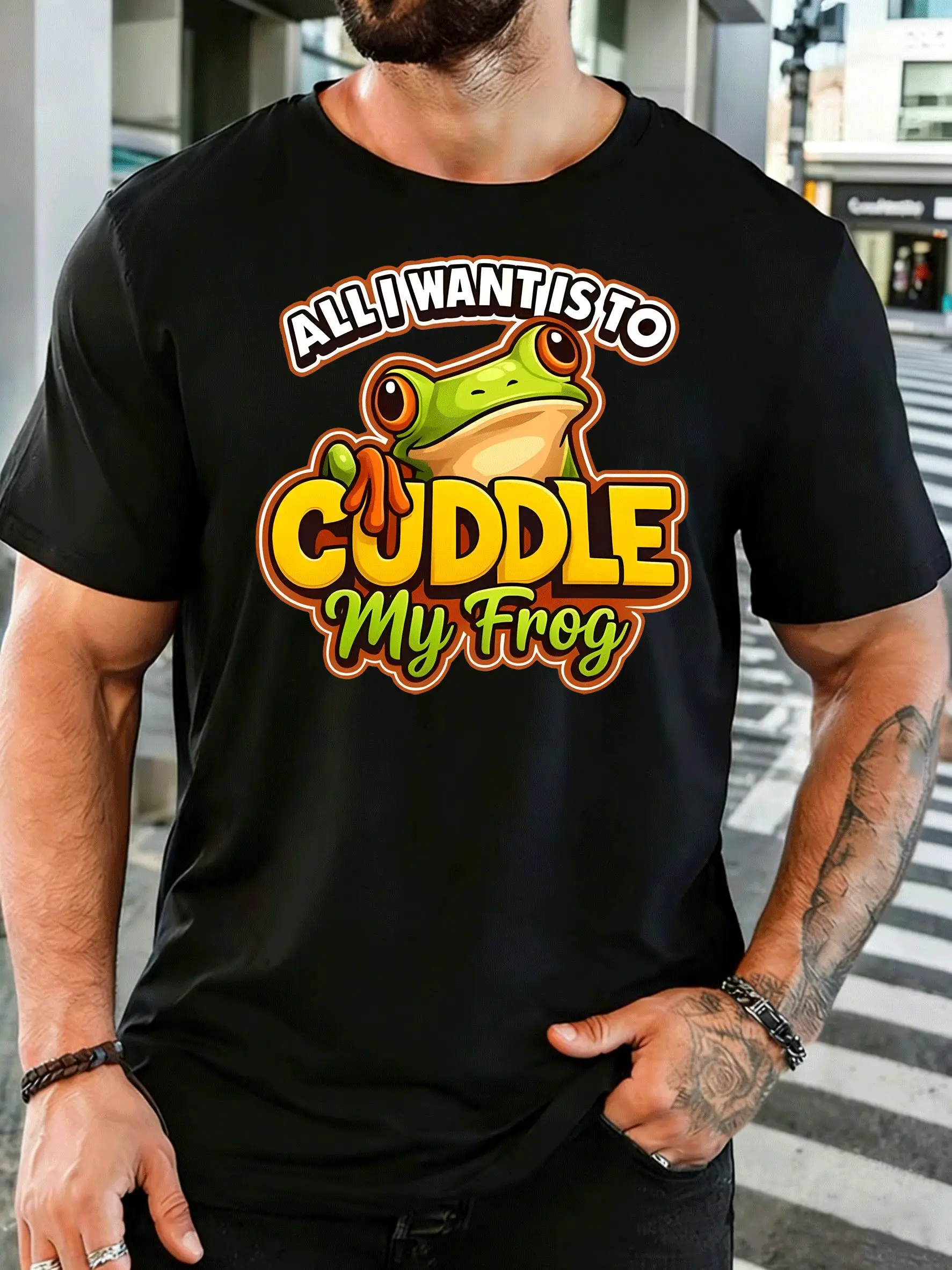 Cute Green Tree Frog Cuddle My Frog Mens Front Print T Shirt Funny Quote Graphic Tee Casual Short Sleeve Top Frog Lover Gift