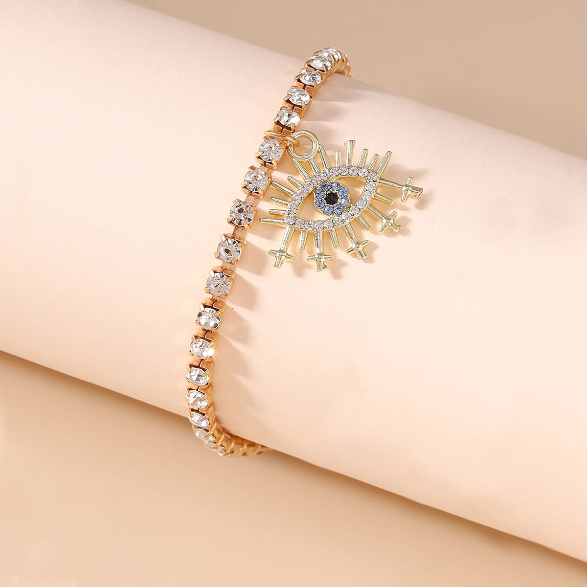 Aihua Goldfarbene Kristall-Tennis-Kette, türkisches Blauauge-Fußkettchen für Damen, barfußes Knöchelarmband, Fußschmuck, Geschenke – Detail 4