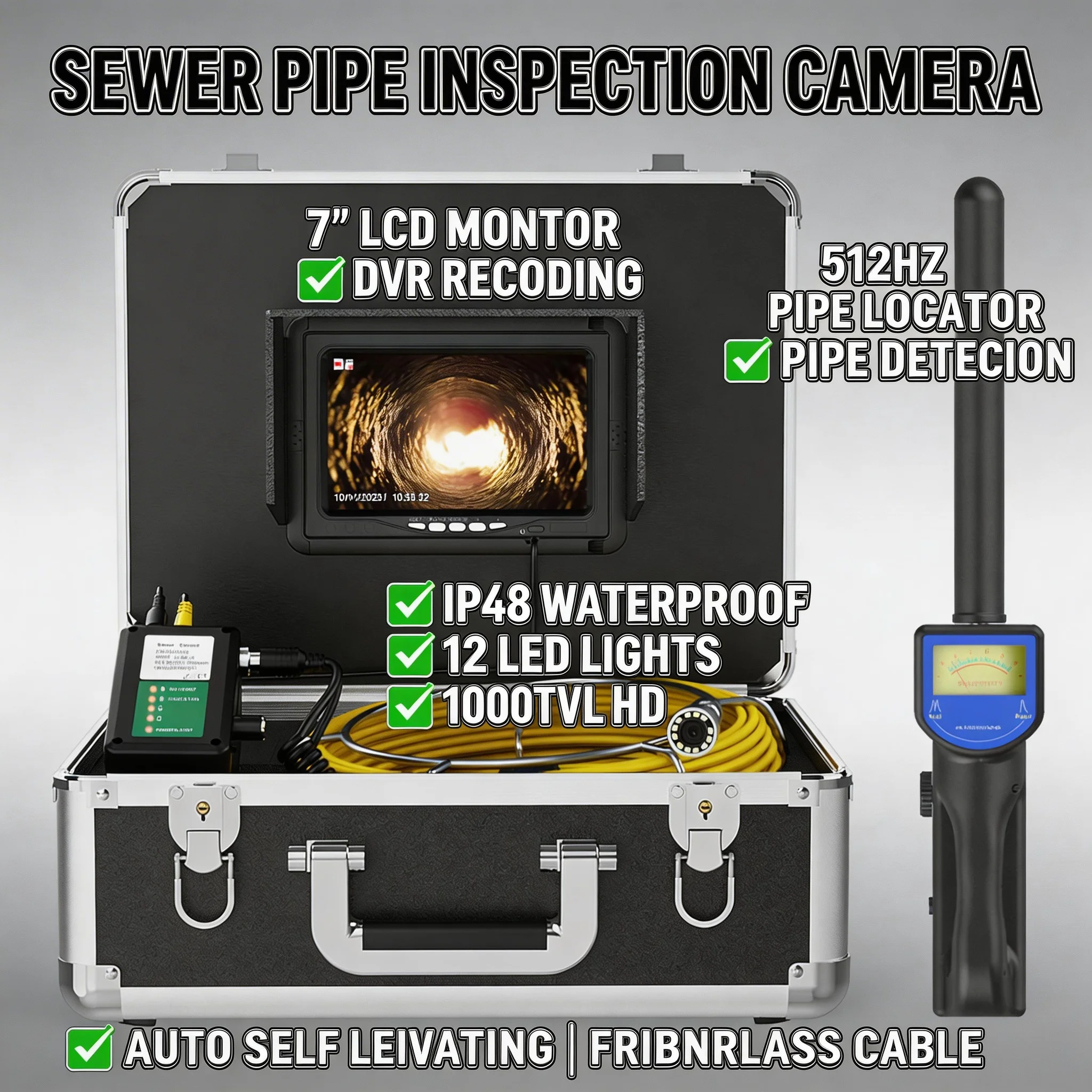 

7" Sewer Pipe Inspection Camera DVR 512Hz Locator Self-Leveling 22mm 1000TVL 30M Fiberglass Cable Video Recording 12LED Case