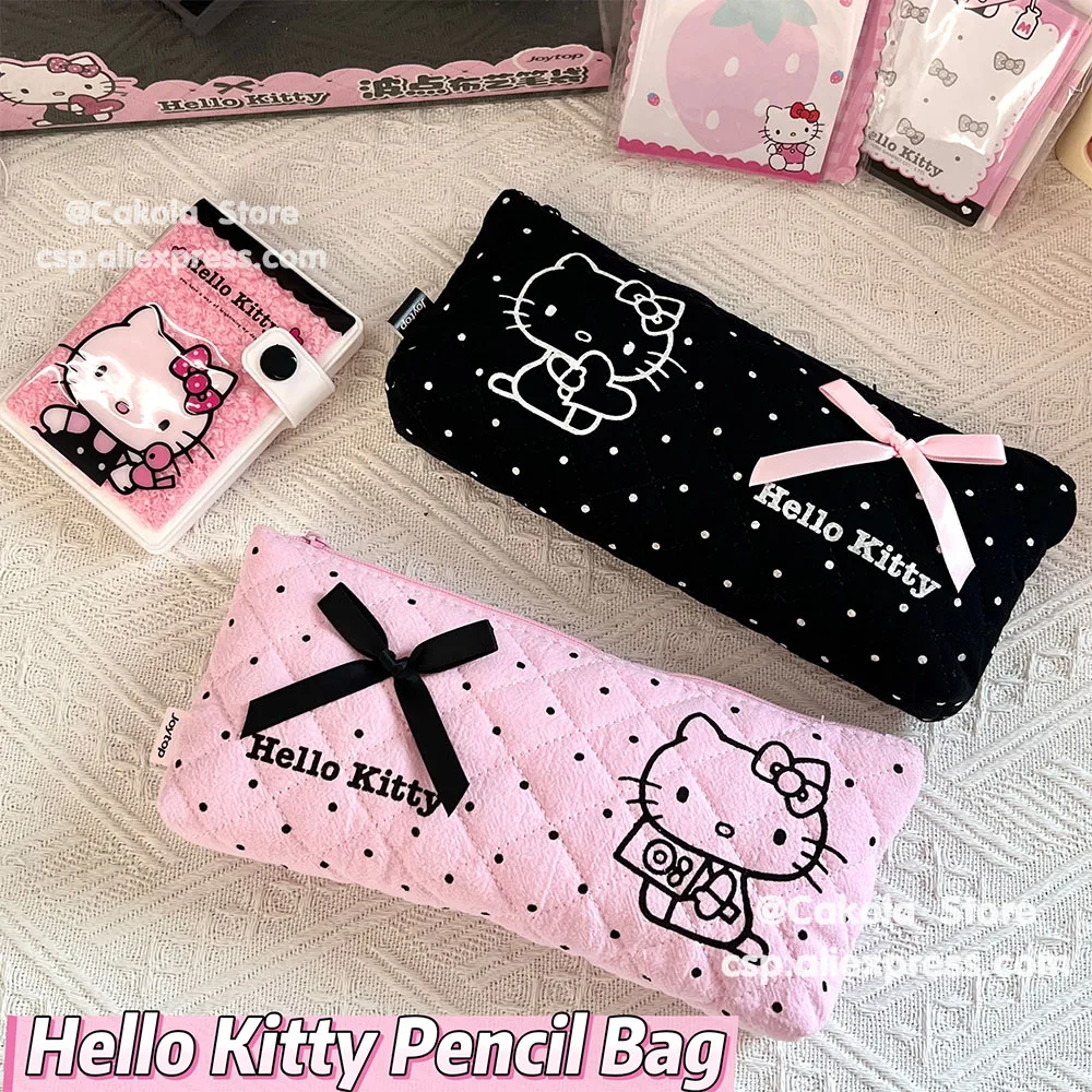 Original Sanrio Hello Kitty Polka Dot Federmäppchen Cartoon Kt Cat Make-up-Tasche Reißverschlusstasche Kosmetiktaschen Schreibwaren Mädchen Geschenke
