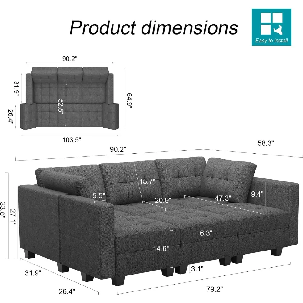 Modular Sectional Sofa with Storage Sectional Sleeper Couch Modular Sofa Bed for Living Room Dark Grey